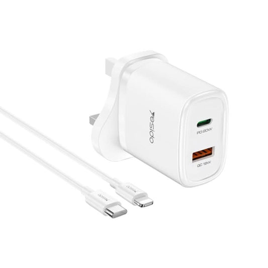 Yesido YC46 PD20W USB-C / Type-C + USB Travel Charger with 1m Type-C to 8 Pin Cable, UK Plug