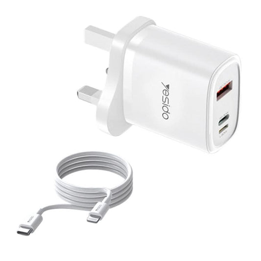 Yesido YC51 30W USB-C / Type-C + USB + 8 Pin Travel Charger with 1m Type-C to 8 Pin Cable, UK Plug