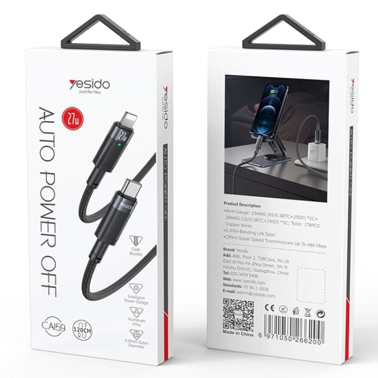 YESIDO CA159 1.2m 27W USB-C / Type-C to 8 Pin Auto Power-off Charging Cable