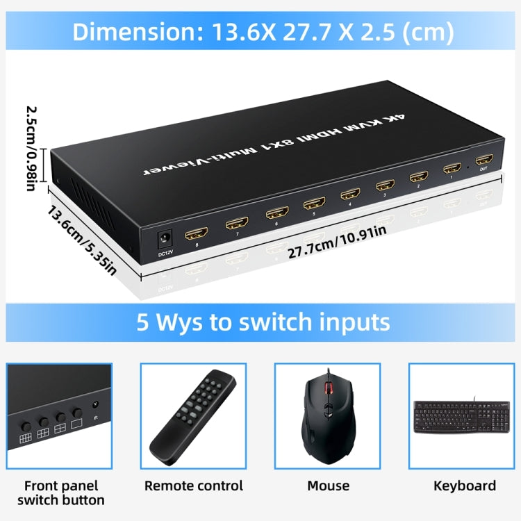 NK-E80 4K 30Hz 8 In 1 Out HDMI 8-way Screen Splitter KVM Switch