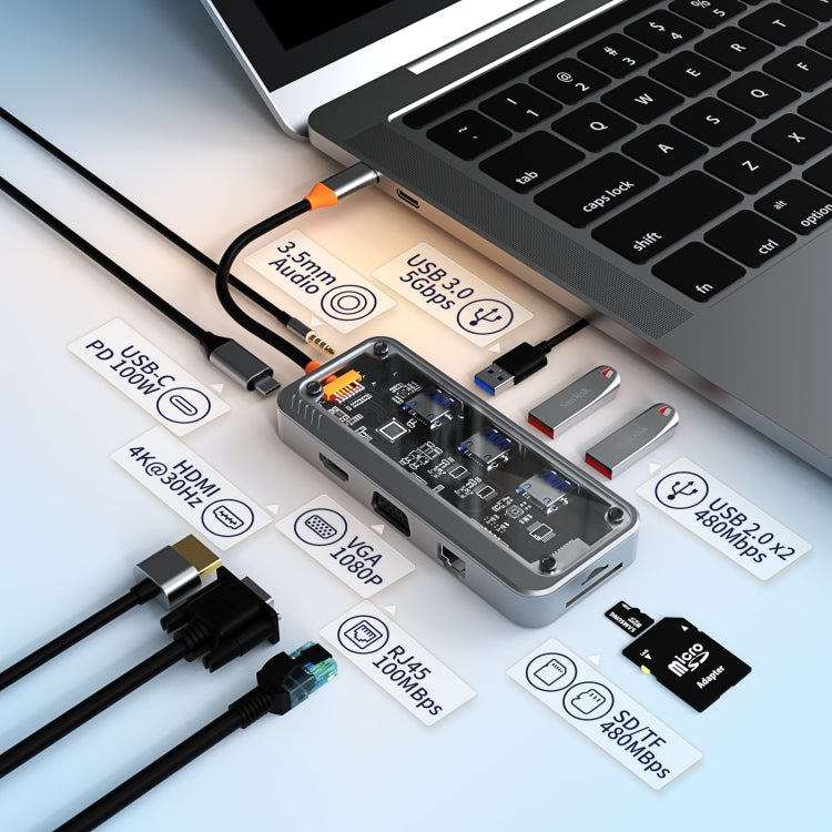 SW10V 10 in 1 Type-C to USB + HDMI + VGA + RJ45 + SD/TF + Audio 3.5 HUB Docking Station