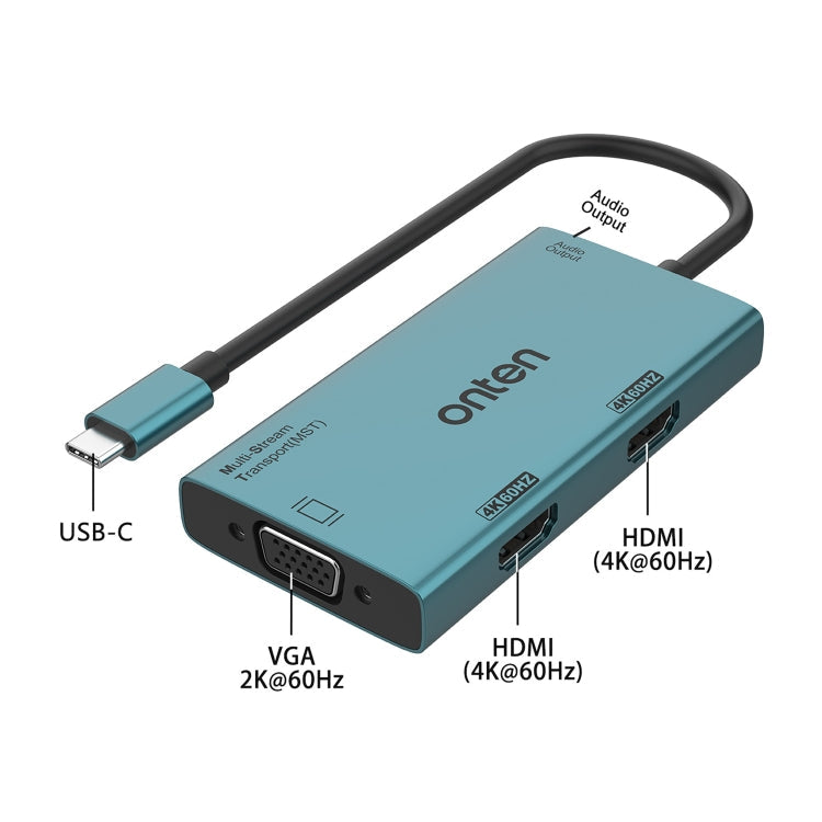 Onten M206 4K 60Hz 4 in 1 Type-C to Dual HDMI + VGA + 3.5mm Video Converter Adapter