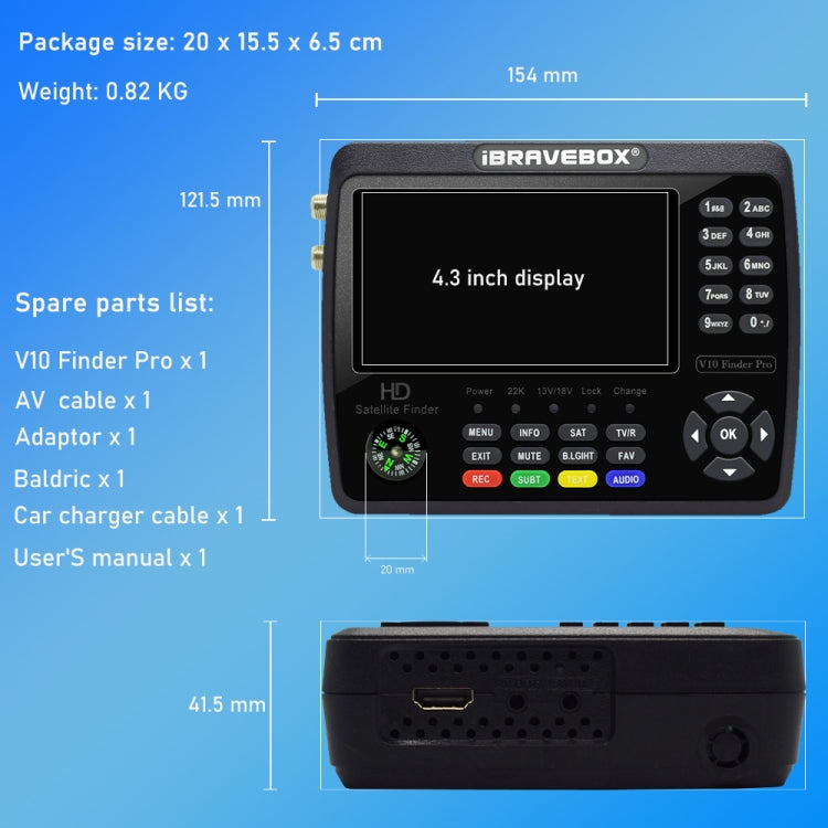 iBRAVEBOX V10 Finder Pro 4.3 inch Display Digital Satellite Meter Signal Finder, Support DVB-S/S2/S2X/T/T2/C