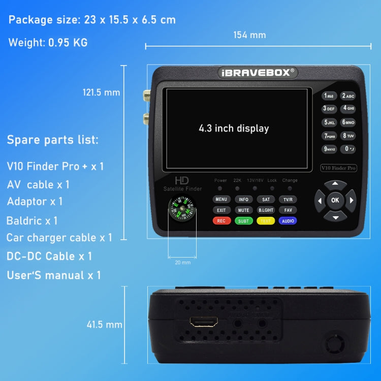 iBRAVEBOX V10 Finder Pro+ 4.3 inch Display Digital Satellite Meter Signal Finder, Support DVB-S/S2/S2X/T/T2/C AHD