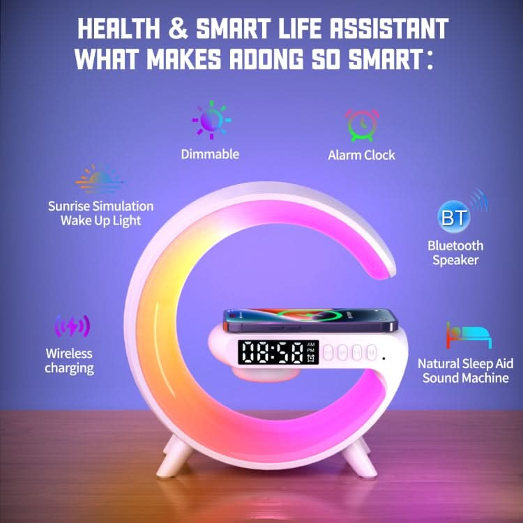 G69 G Shape Smart Bluetooth Speaker Support Wireless Charger & Alarm Clock & Wake-up Light