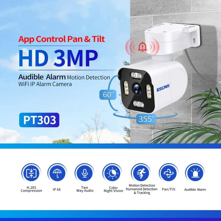 ESCAM PT303 3MP HD Motion Detection APP Control Pan & Tilt WiFi IP Camera Reluova