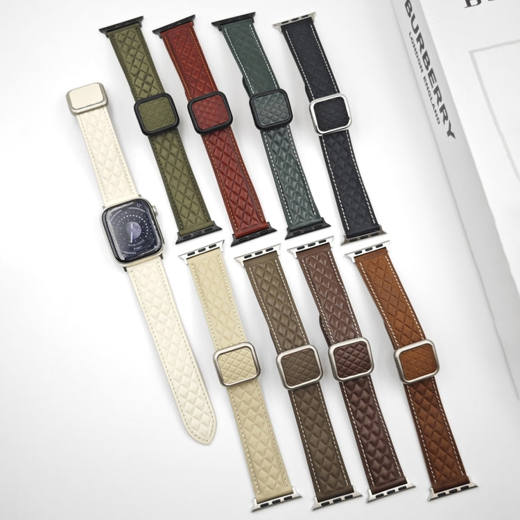 Rhombus Pattern Magnetic Square Buckle Leather Watch Band, Series 1