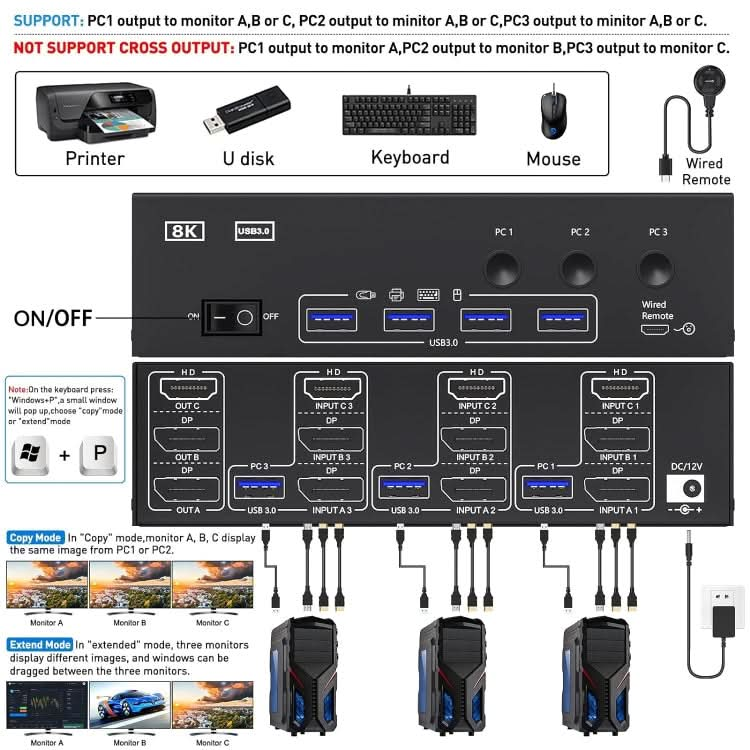 KC-KVM303DH 8K 60Hz USB3.0 DP+DP+HDMI Triple Monitors KVM Switch My Store