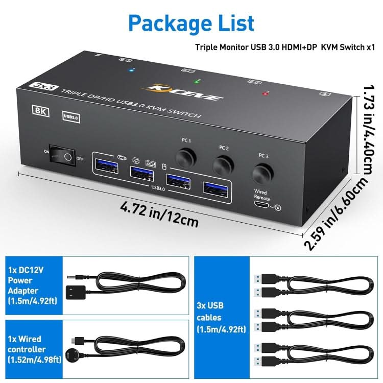 KC-KVM303DH 8K 60Hz USB3.0 DP+DP+HDMI Triple Monitors KVM Switch My Store