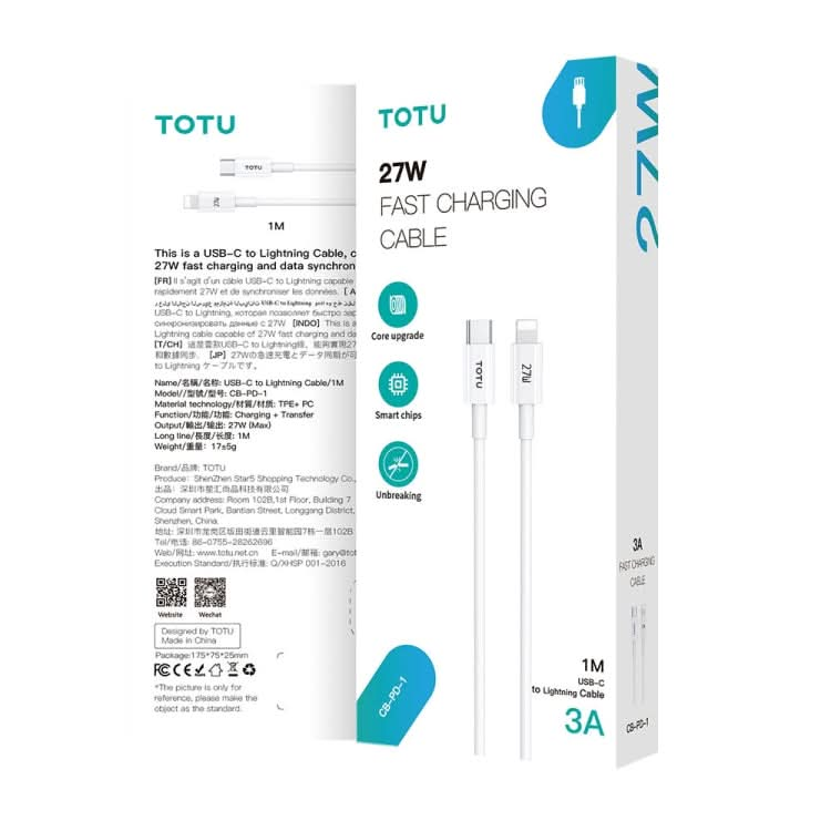 TOTU CB-1-PD 27W USB-C/Type-C to 8 Pin Data Cable, Length: 1m