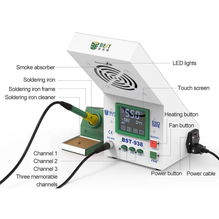 BEST BST-938 LED Electric Iron Smoking Instrument Smoke Purifier Soldering Station with Exhaust Fan