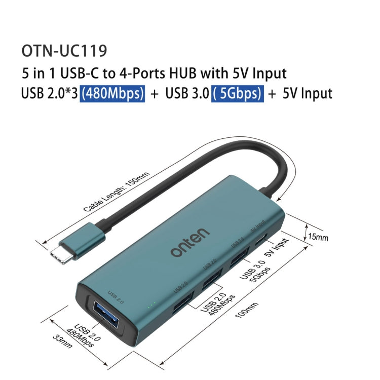 Onten UC119 5 in 1 USB-C / Type-C to USB 4-Ports USB HUB with 5V Input My Store