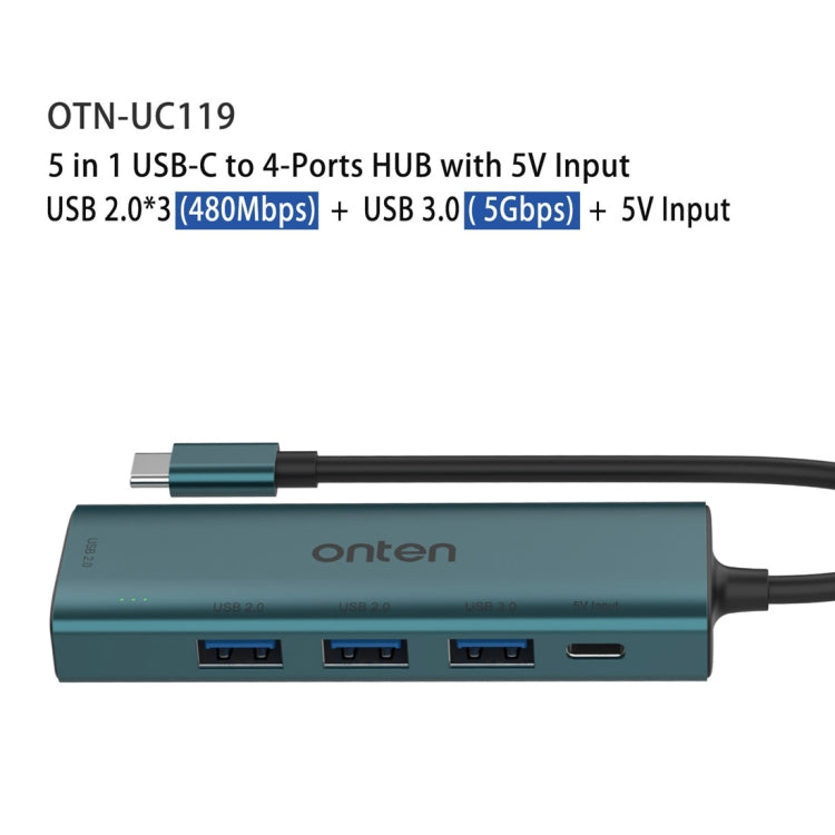 Onten UC119 5 in 1 USB-C / Type-C to USB 4-Ports USB HUB with 5V Input