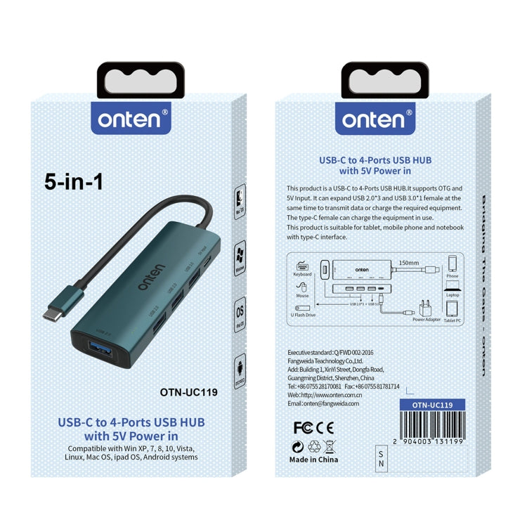 Onten UC119 5 in 1 USB-C / Type-C to USB 4-Ports USB HUB with 5V Input