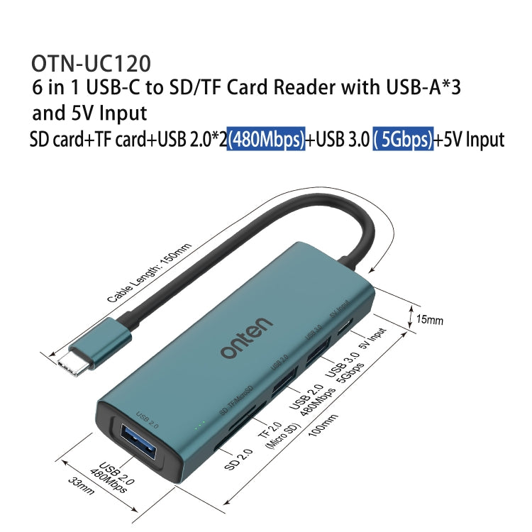 Onten UC120 6 in 1 USB-C to SD / TF Card Reader with 3-Ports USB HUB & 5V Input