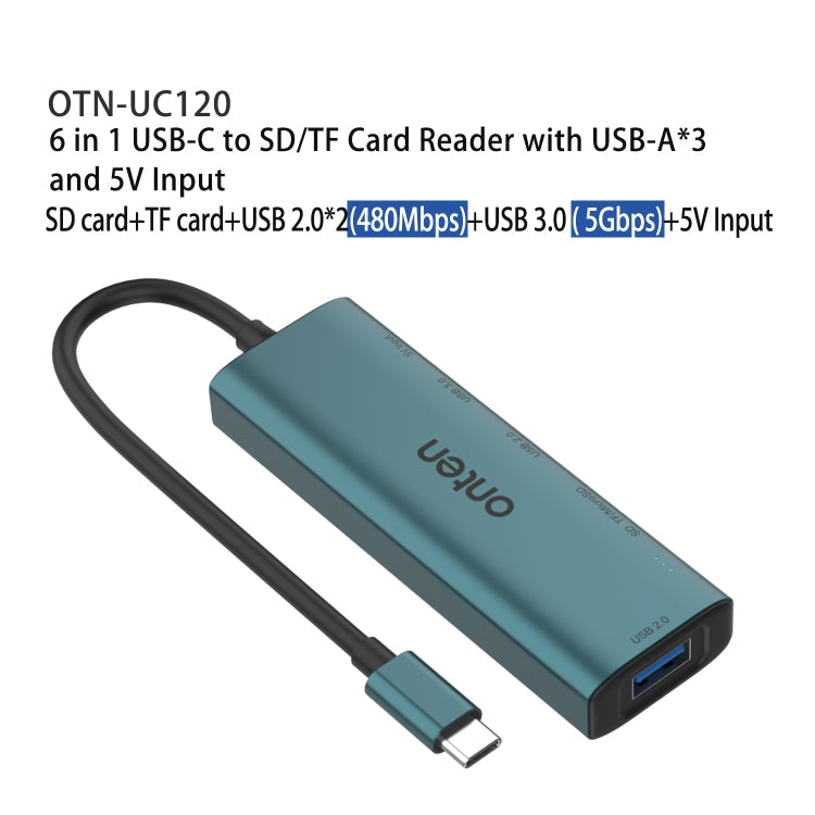 Onten UC120 6 in 1 USB-C to SD / TF Card Reader with 3-Ports USB HUB & 5V Input My Store