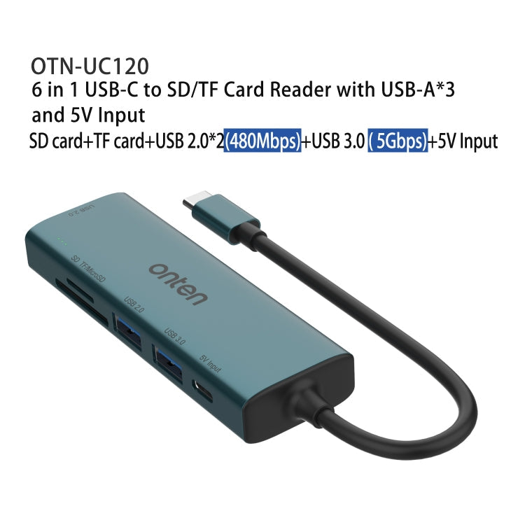 Onten UC120 6 in 1 USB-C to SD / TF Card Reader with 3-Ports USB HUB & 5V Input My Store