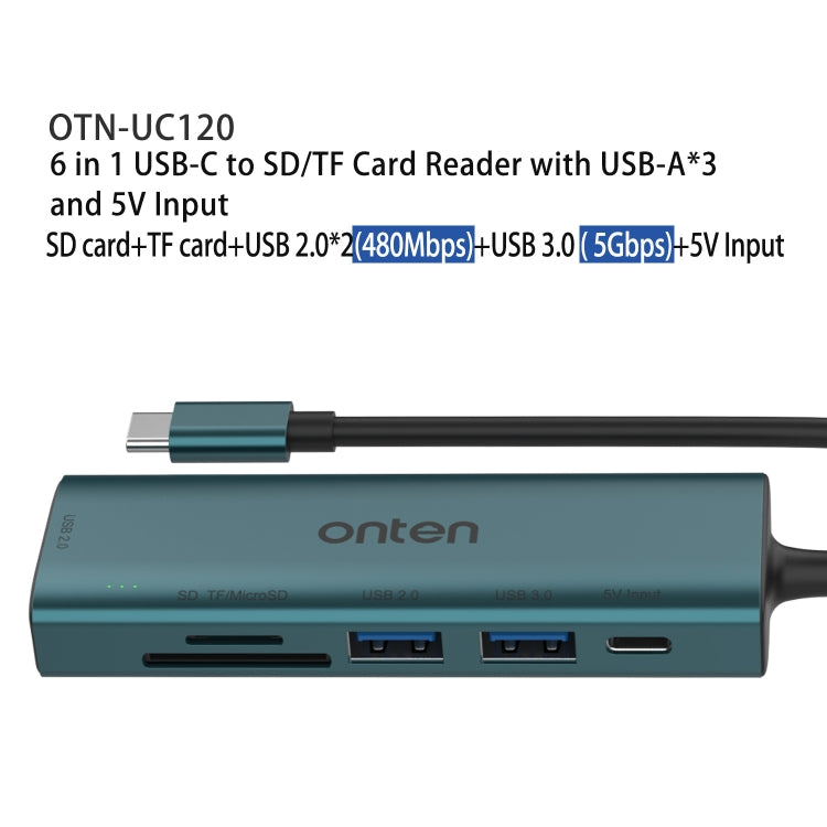 Onten UC120 6 in 1 USB-C to SD / TF Card Reader with 3-Ports USB HUB & 5V Input