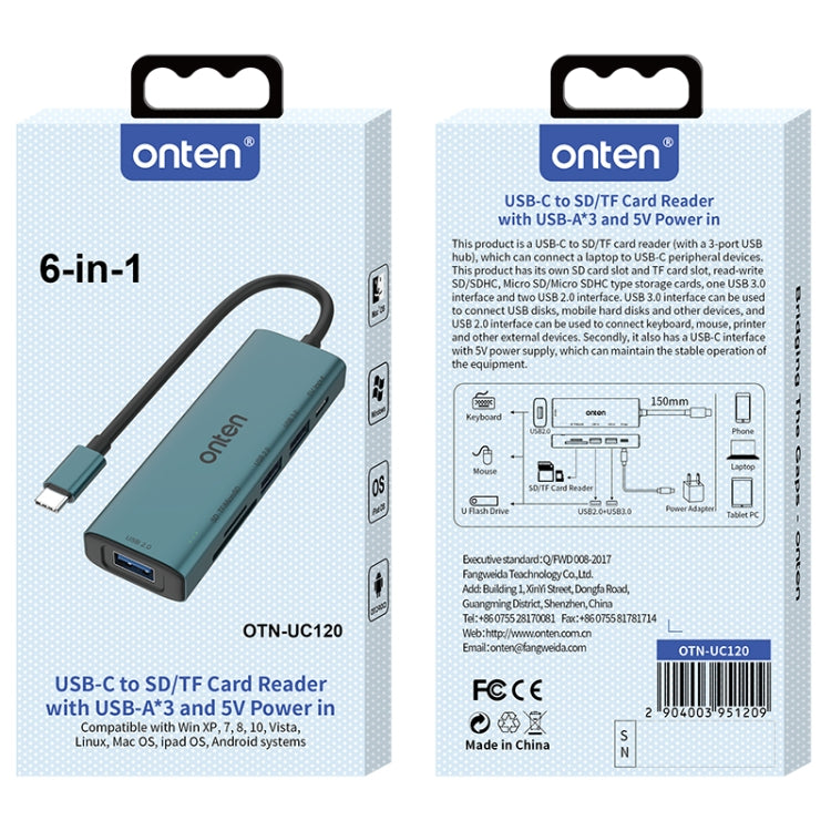 Onten UC120 6 in 1 USB-C to SD / TF Card Reader with 3-Ports USB HUB & 5V Input My Store