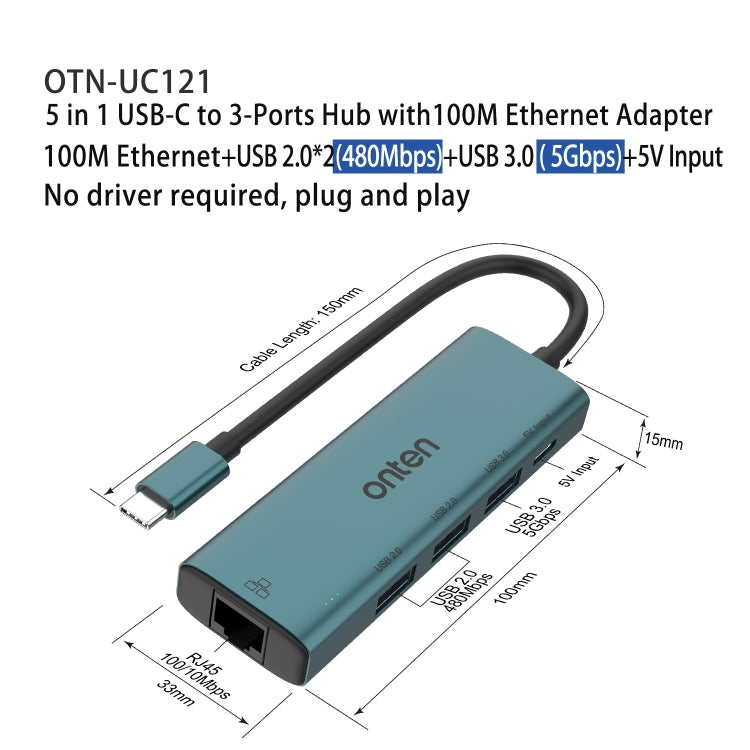 Onten UC121 5 in 1 USB-C / Type-C to USB 3.0 HUB with 5V Input & 100Mbps Network Card My Store