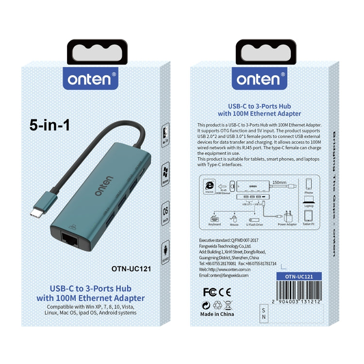 Onten UC121 5 in 1 USB-C / Type-C to USB 3.0 HUB with 5V Input & 100Mbps Network Card