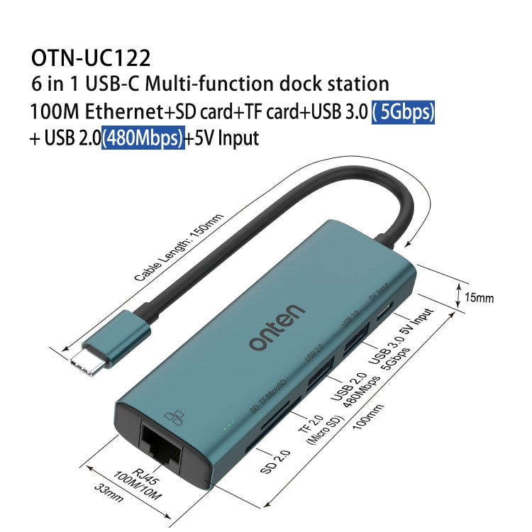 Onten UC122 6 in 1 USB-C / Type-C to SD + TF Card + USB 3.0 HUB with 5V Input & 100Mbps Network Card