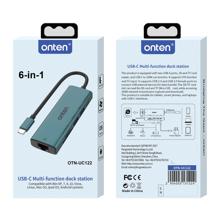 Onten UC122 6 in 1 USB-C / Type-C to SD + TF Card + USB 3.0 HUB with 5V Input & 100Mbps Network Card My Store