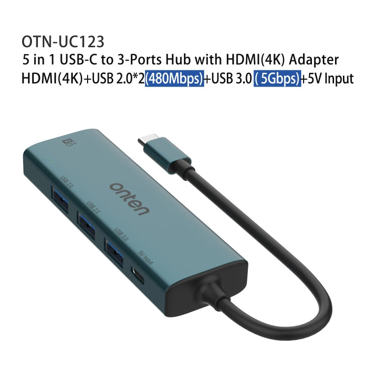 Onten UC123 5 in 1 USB-C / Type-C to HDMI + USB3.0 HUB Docking Station with 5V Input