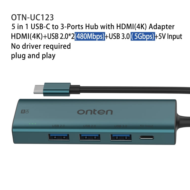 Onten UC123 5 in 1 USB-C / Type-C to HDMI + USB3.0 HUB Docking Station with 5V Input