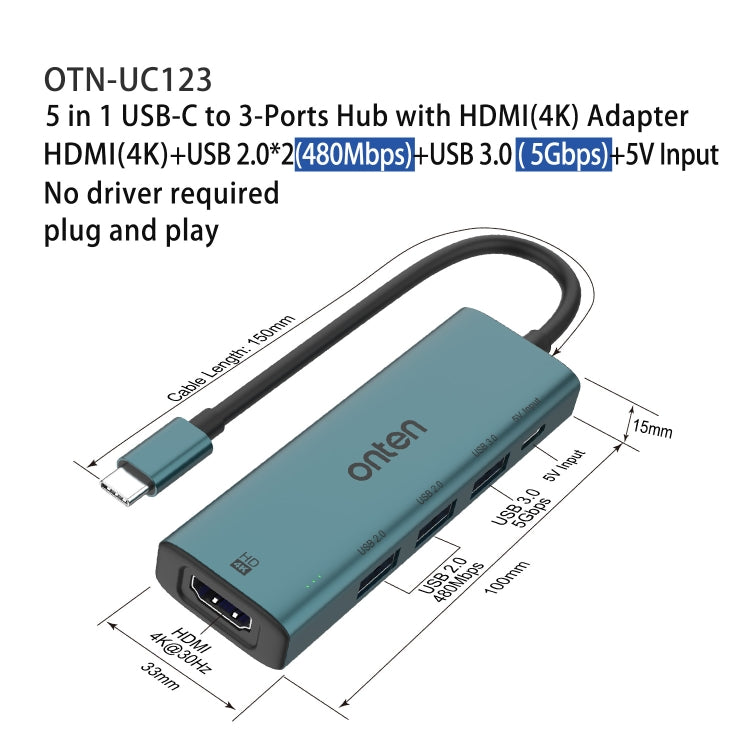 Onten UC123 5 in 1 USB-C / Type-C to HDMI + USB3.0 HUB Docking Station with 5V Input My Store