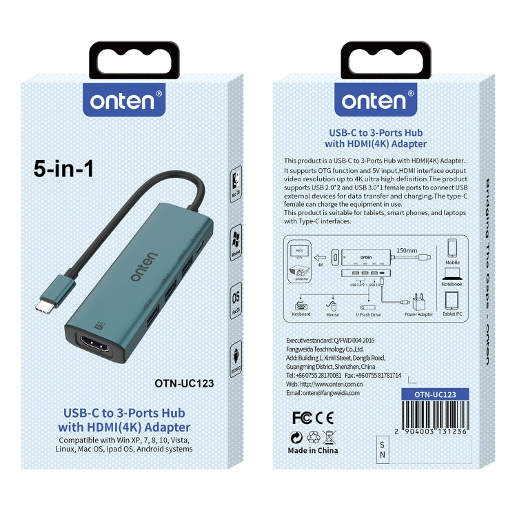 Onten UC123 5 in 1 USB-C / Type-C to HDMI + USB3.0 HUB Docking Station with 5V Input My Store