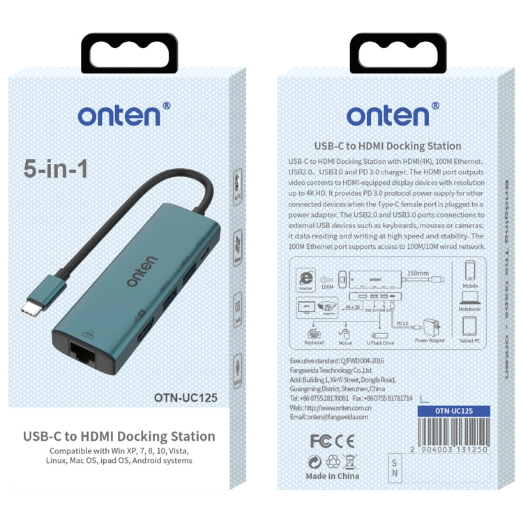 Onten UC125 5 in 1 USB-C / Type-C to HDMI+USB3.0+PD3.0 Multi-function HUB with 100Mbps Network Card My Store