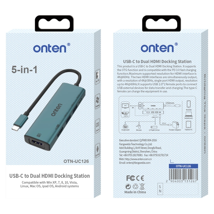 Onten UC126 5 in 1 USB-C / Type-C to Dual HDM I+ USB2.0 + PD3.0 Multi-function HUB Docking Station My Store