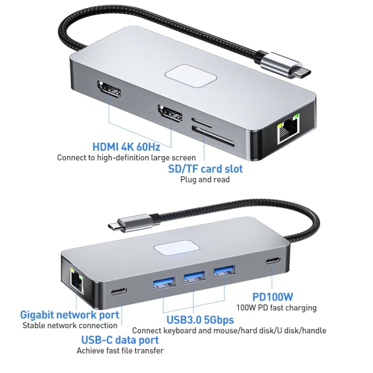 BYL-2315 10 in 1 Type-C to PD100W + USB3.0 + HDMI + RJ45 + SD/TF HUB Docking Station