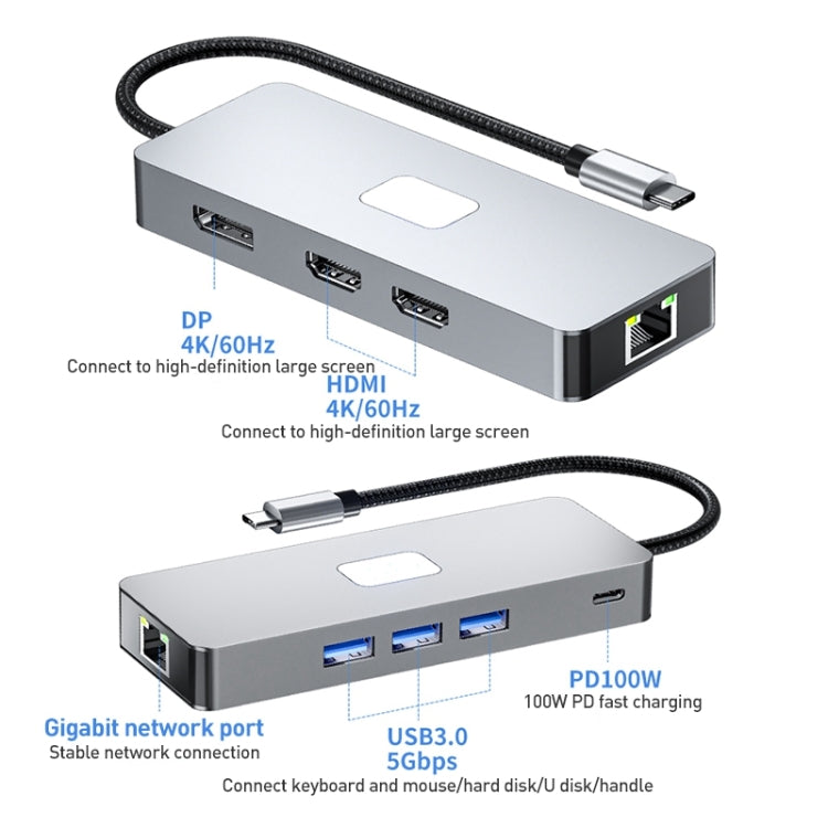 BYL-2401 8 in 1 Type-C to PD100W + USB3.0 + HDMI + DP + RJ45 HUB Docking Station My Store