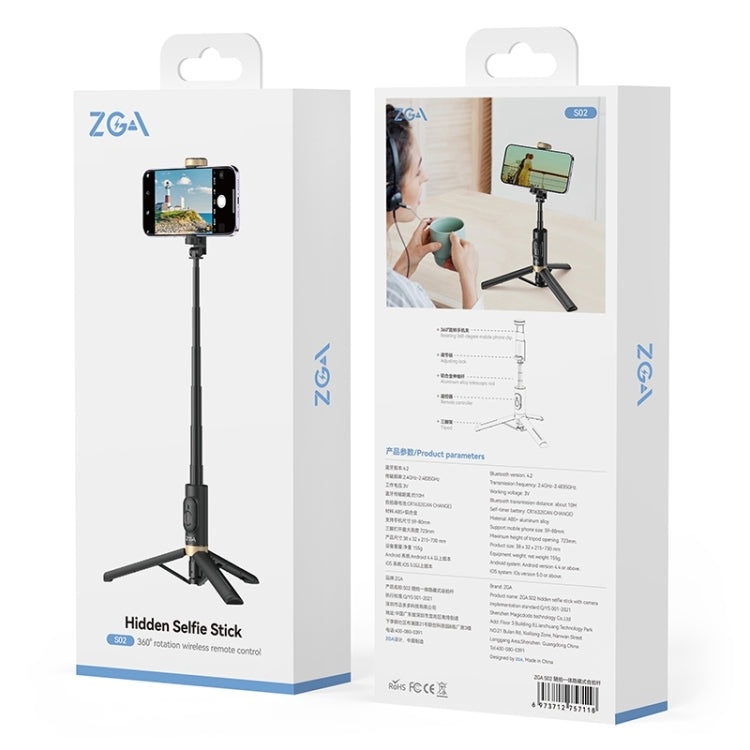 ZGA S02 Bluetooth Remote Control Hidden Tripod Selfie Stick