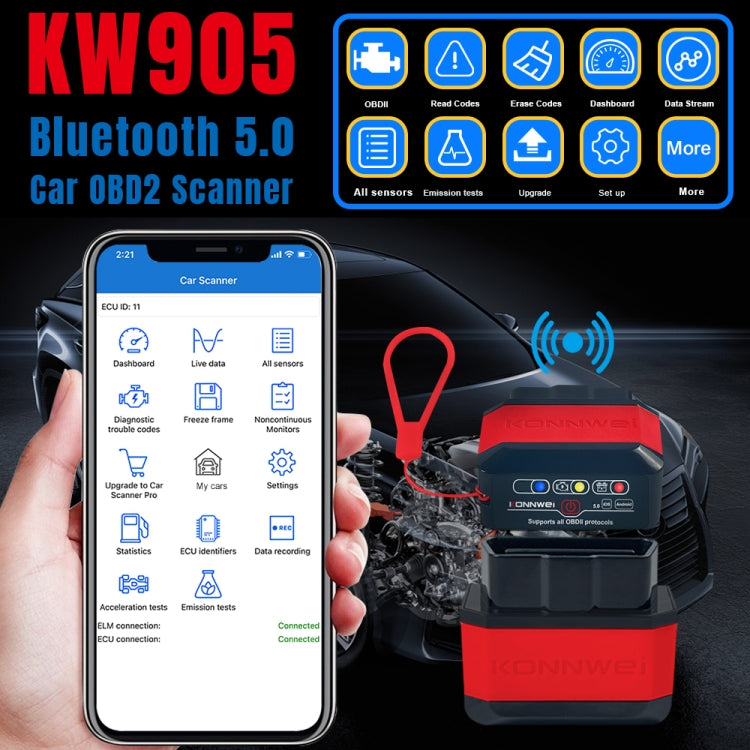 KONNWEI KW905 Bluetooth 5.0 Car OBD2 Scanner Support Android & iOS