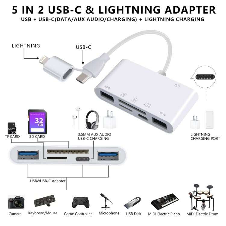 AJ-108PRO 6 in 2 USB-C / Type-C + 8 Pin Interface Multi-function Camera Card Reader