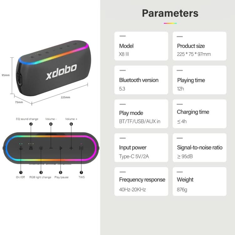 Xdobo X8 III BT5.3 IPX7 Wireless Speaker with RGB Light, Support Bluetooth/TF Card/USB/AUX