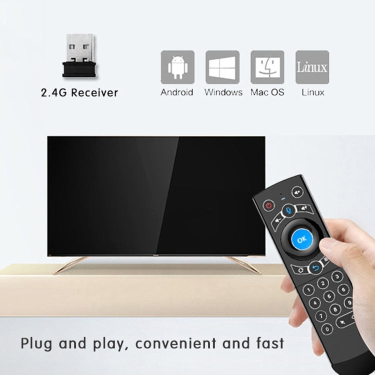 G21 2.4GHz Fly Air Mouse LED Backlight Wireless Keyboard Remote Control with Gyroscope for Android TV Box / PC, Support Intelligent Voice