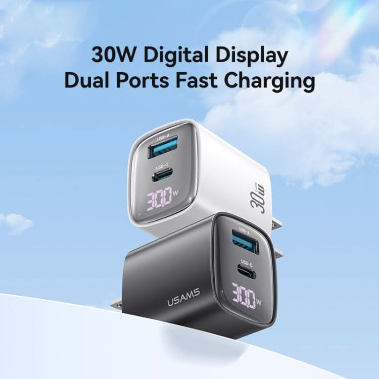 USAMS CC230 30W USB+USB-C / Type-C Dual Port GaN Digital Display Charger, Specifications: US Plug