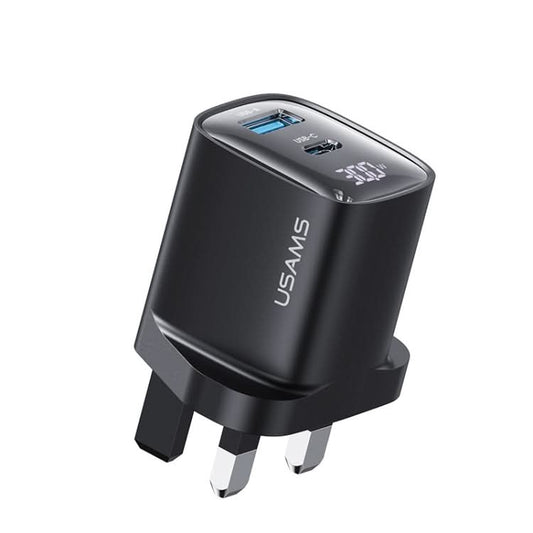 USAMS CC231 30W USB+USB-C / Type-C Dual Port GaN Digital Display Charger, Specifications: UK Plug