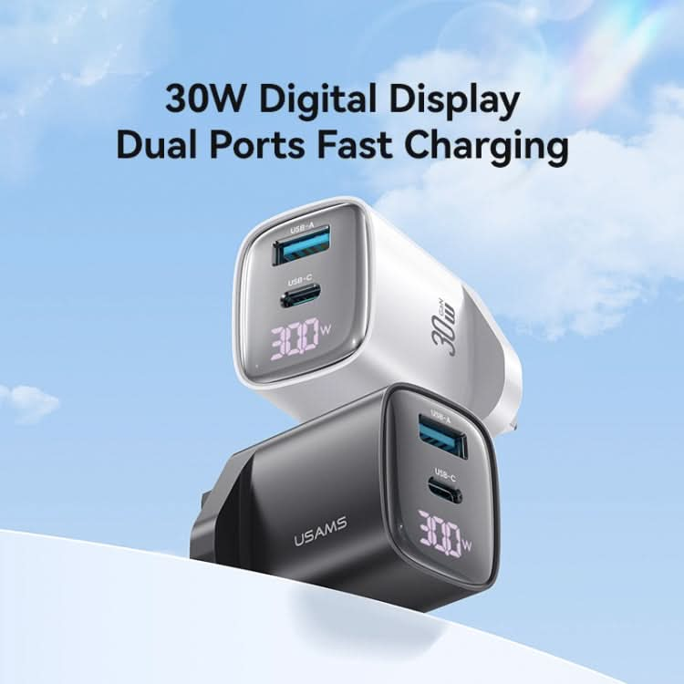 USAMS CC231 30W USB+USB-C / Type-C Dual Port GaN Digital Display Charger, Specifications: UK Plug