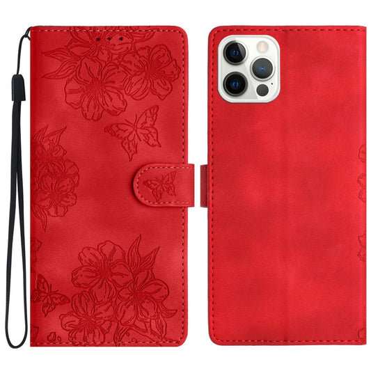 Cherry Blossom Butterfly Skin Feel Embossed PU Phone Case, Series 3