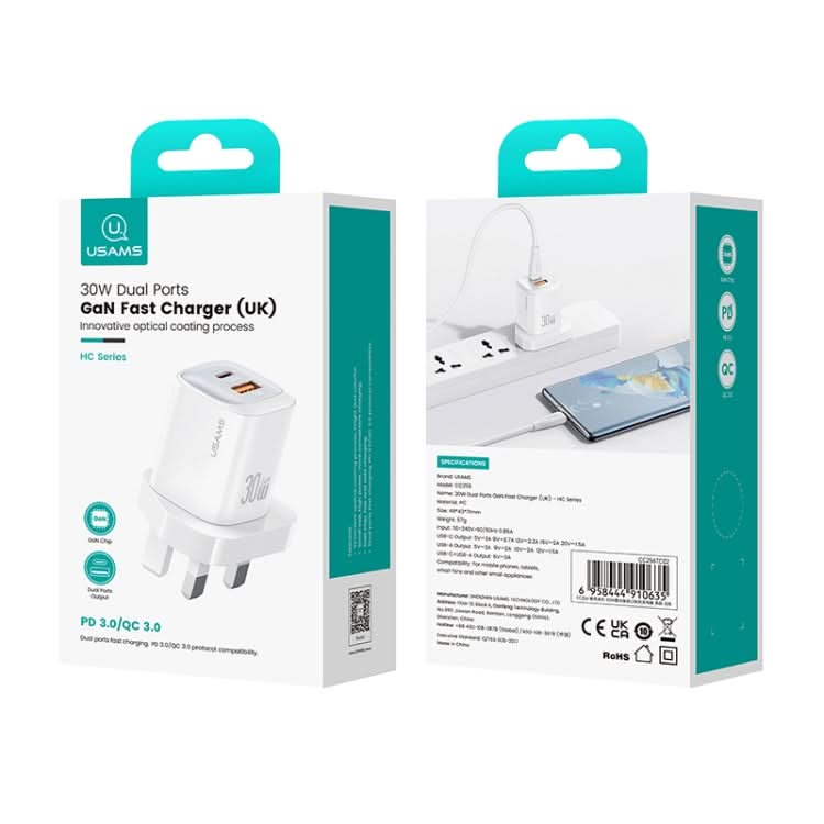 USAMS CC256 30W USB+USB-C / Type-C Dual Port GaN Fast Charger, UK Plug