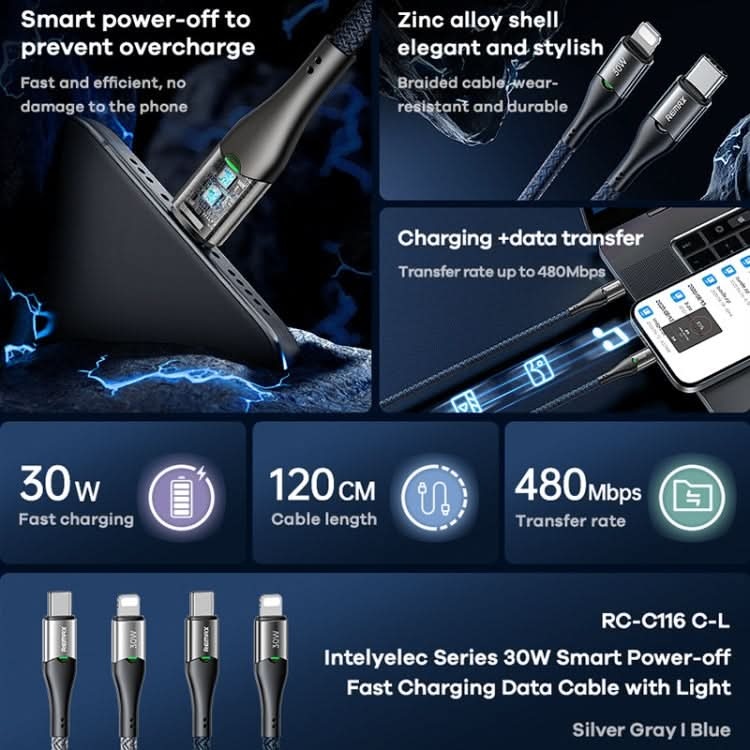 REMAX RC-C116 1.2m 30W Type-C to 8 Pin Smart Power-off Fast Charging Data Cable