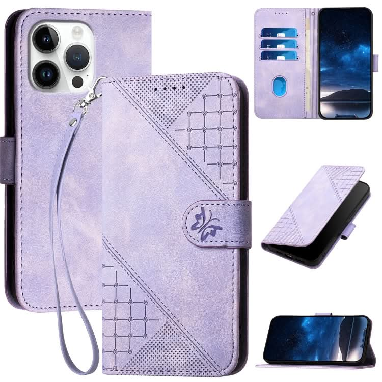 YX0080 Grid Butterfly Embossed Pattern Flip Leather Phone Case with Lanyard, Series 3