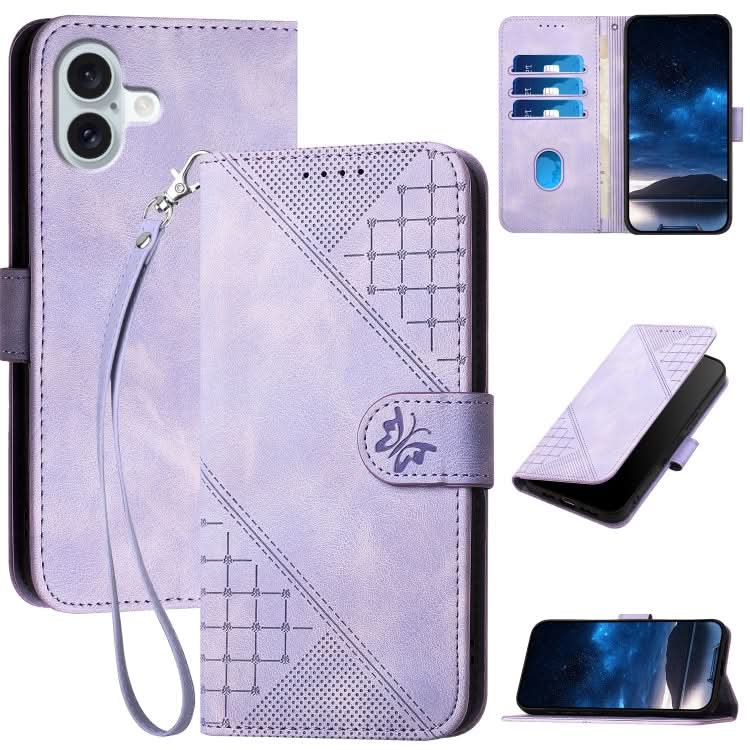 YX0080 Grid Butterfly Embossed Pattern Flip Leather Phone Case with Lanyard, Series 1