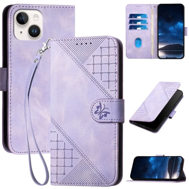 YX0080 Grid Butterfly Embossed Pattern Flip Leather Phone Case with Lanyard, Series 4