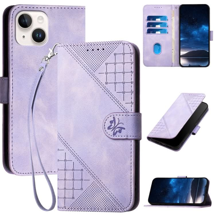 YX0080 Grid Butterfly Embossed Pattern Flip Leather Phone Case with Lanyard, Series 6